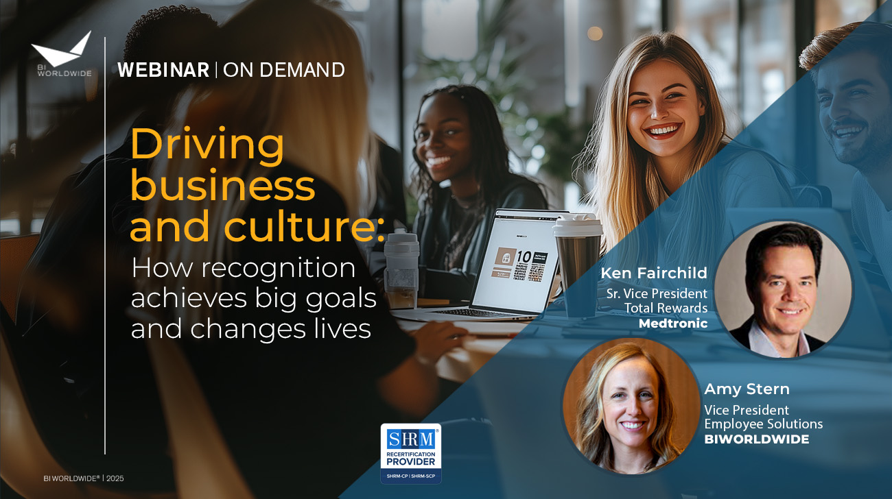 Three professionals sit at a table, smiling and talking with laptops and notebooks. Text promotes a webinar on recognition in business, featuring Ken Fairchild and Amy Stern, with their photos and titles displayed.