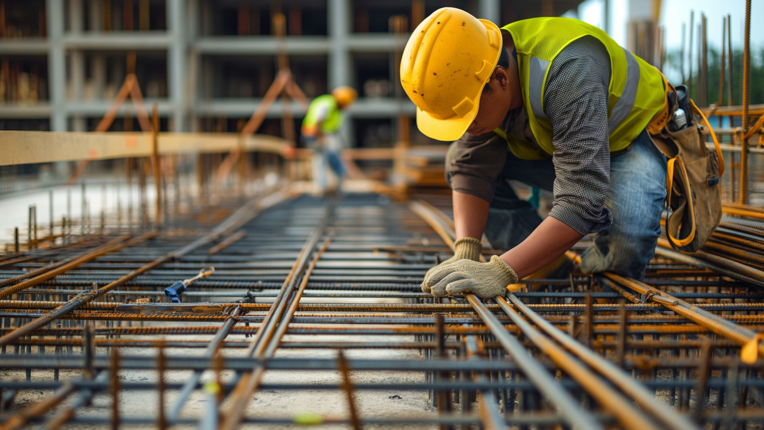 A construction worker wearing a yellow hard hat, gloves, and a reflective vest crouches while securing rebar on a construction site. The background shows a partially constructed building with other workers in similar attire.