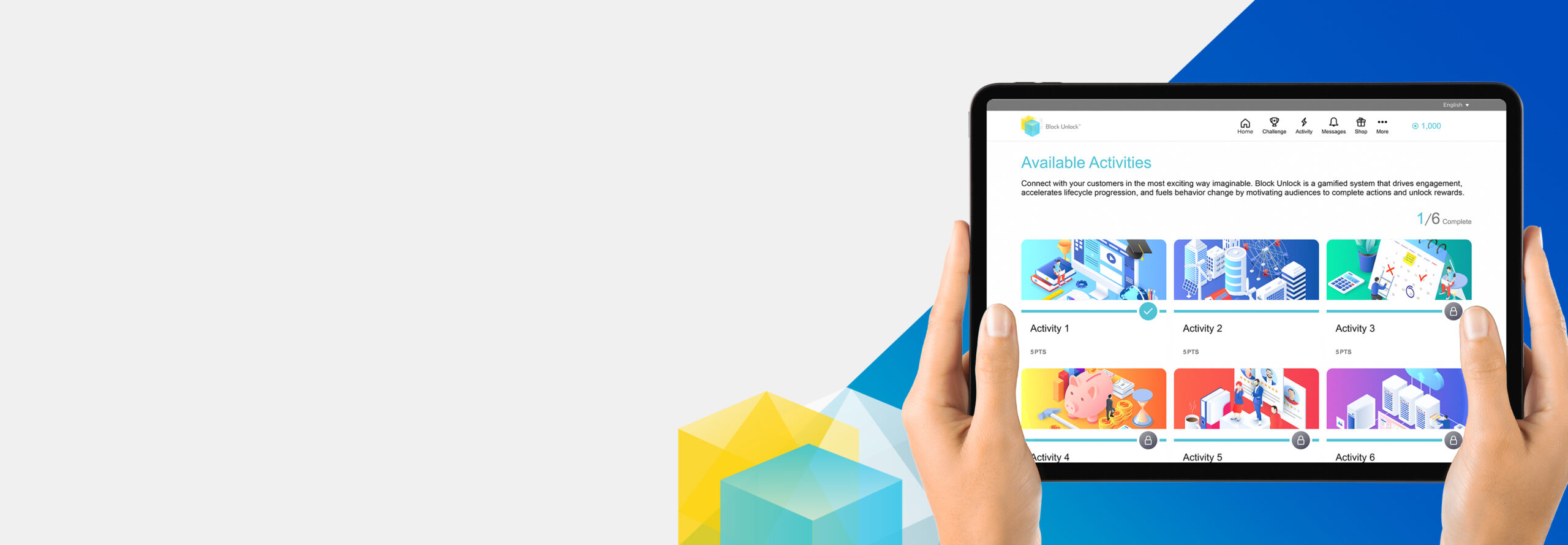 Hands holding a tablet displaying a list of activities with icons, percentages, and labels. The background is a gradient with geometric shapes in pastel colors on the lower left.