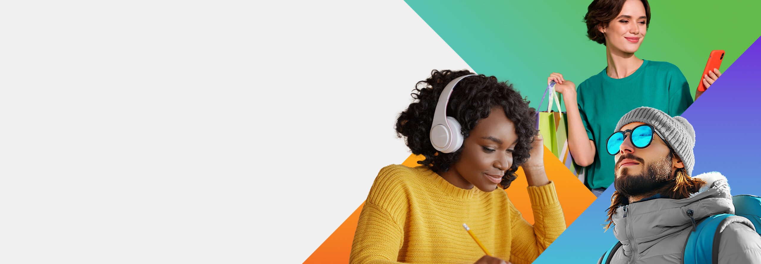 A collage of three people on a colorful geometric background: a person wearing headphones and writing, another person in a green top holding shopping bags and a phone, and a person in a winter jacket and sunglasses looking upward.
