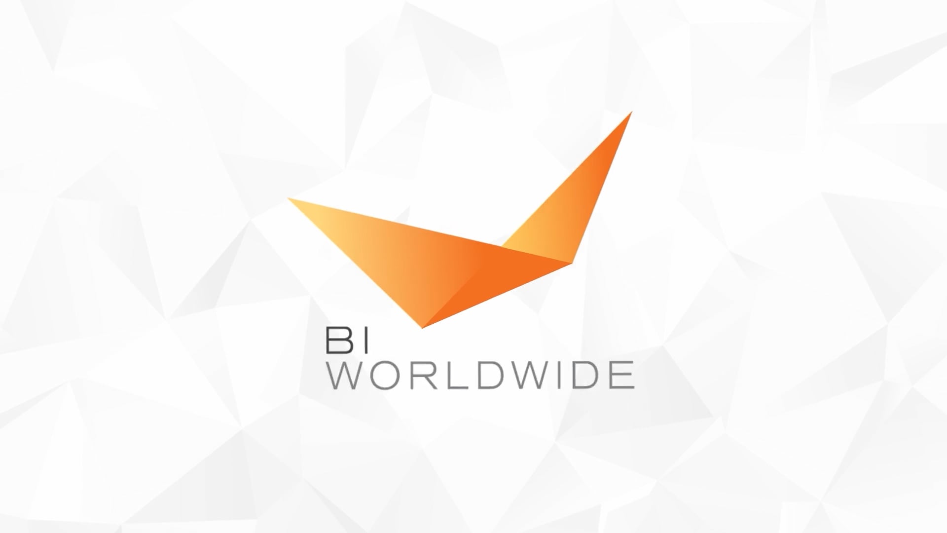 Logo with an abstract orange checkmark shape and the text BI WORLDWIDE in gray on a light geometric background.