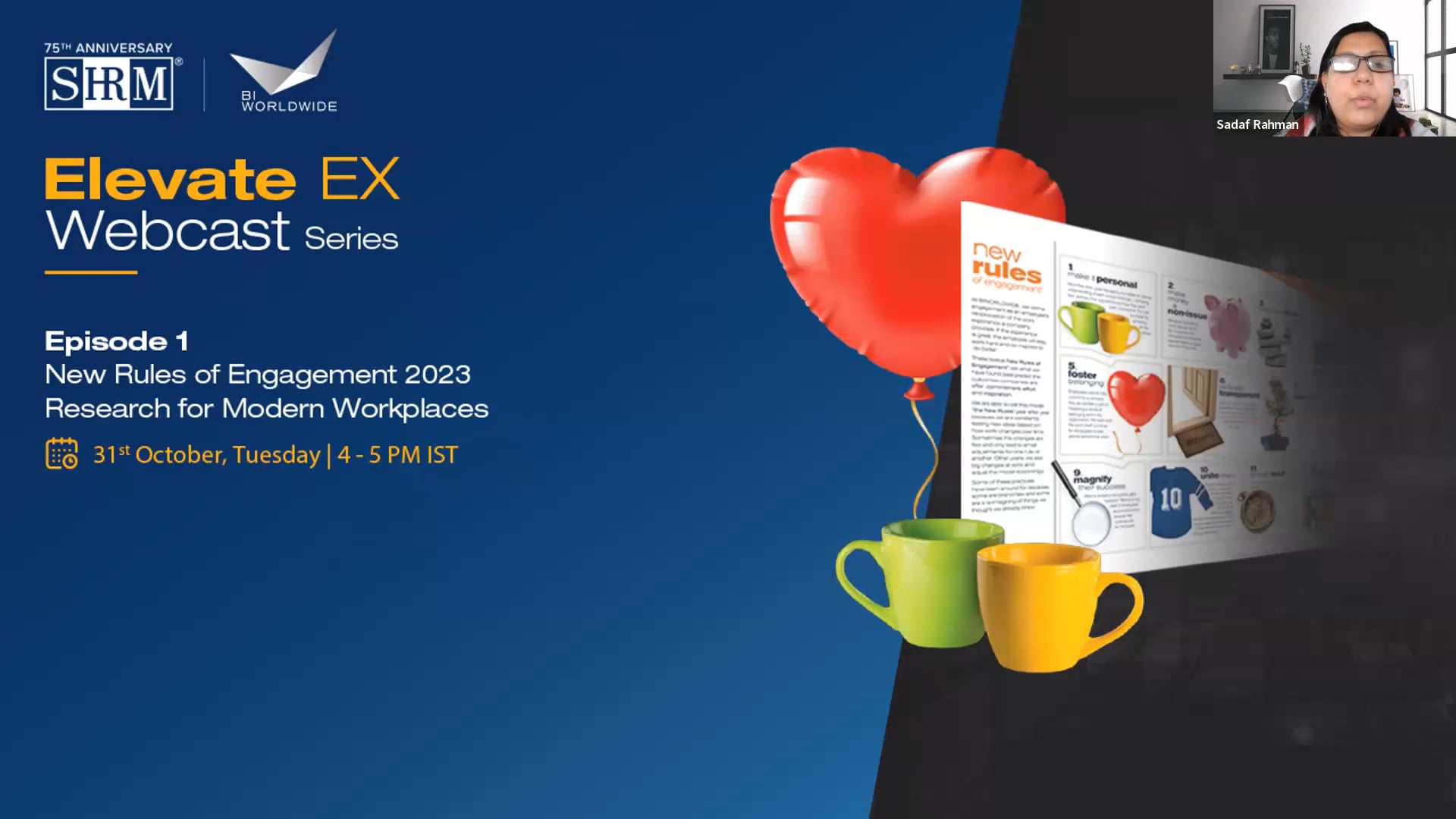 Advertisement for Elevate EX Webcast Series Episode 1, titled New Rules of Engagement 2023: Research for Modern Workplaces. Scheduled for October 31st, Tuesday, from 4-5 PM IST. Features heart-shaped balloon and colorful mugs.