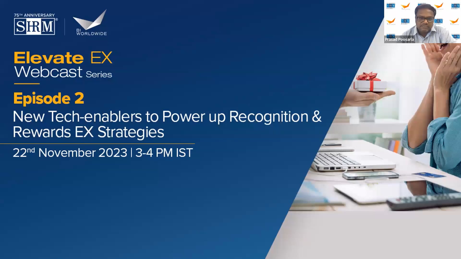 Promotional image for the Elevate EX Webcast Series Episode 2. Title: New Tech-Enablers to Power up Recognition & Rewards EX Strategies. Date: 22nd November 2023, 3-4 PM IST. Features a partial view of a person working on a laptop.