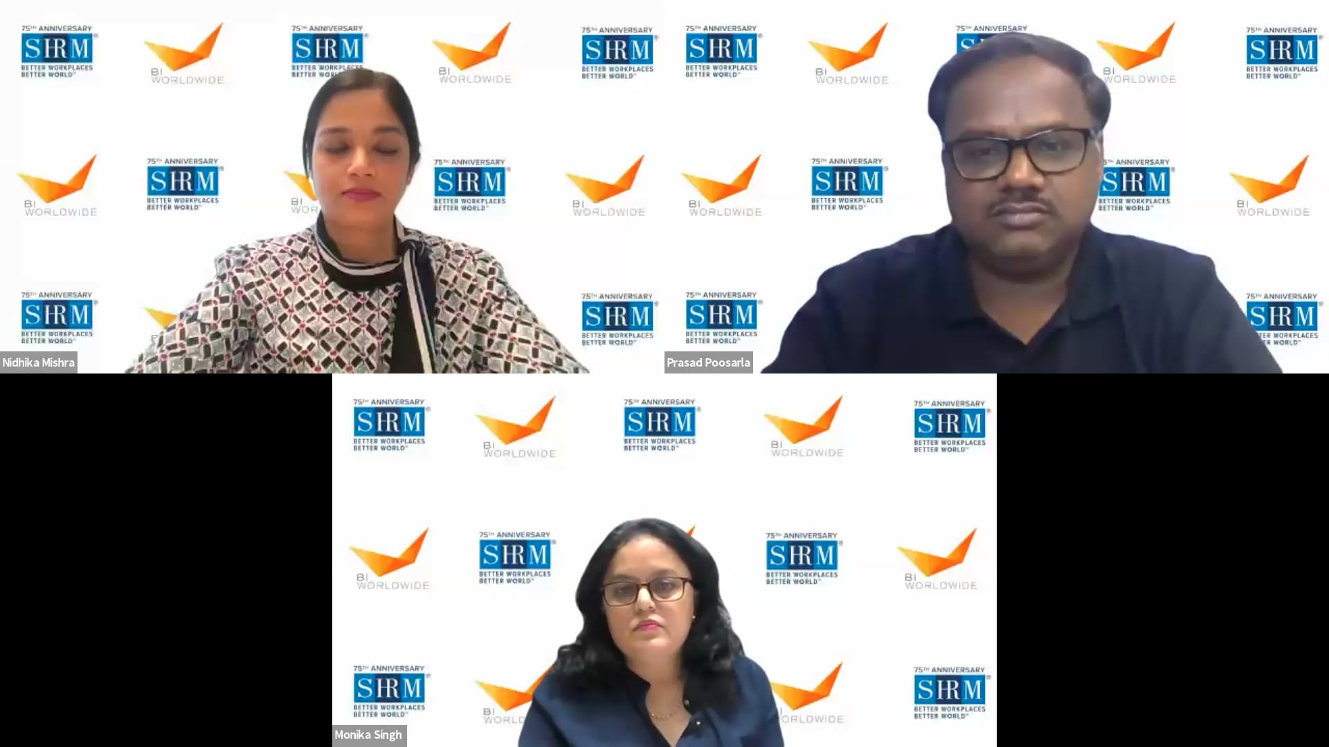 Three individuals are participating in a virtual meeting. They appear in separate video frames against a backdrop featuring the SRM Institute of Science and Technology logo. The participants are two women and one man, all looking towards the camera.