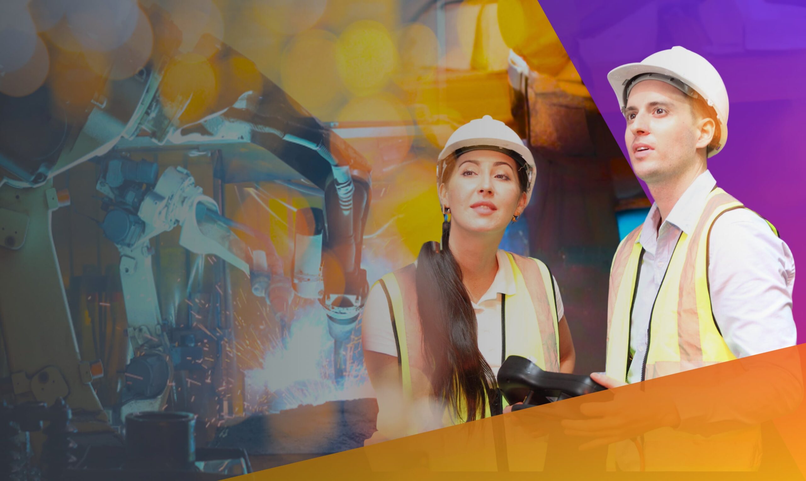Two people wearing hard hats and reflective vests stand in an industrial setting. They look attentively at mechanical equipment, including robotic arms, against a backdrop of vibrant, overlaying colors and abstract shapes.