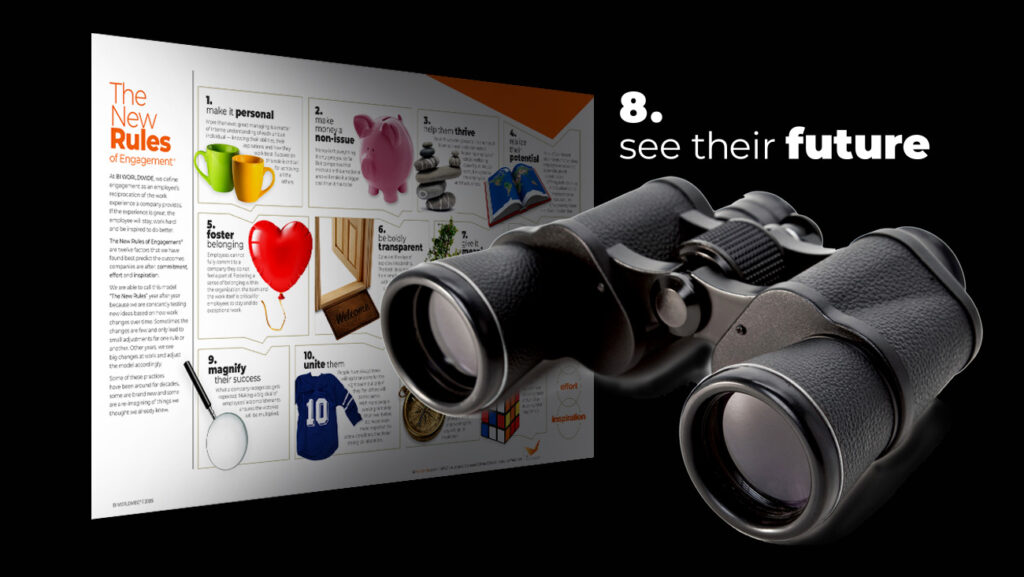 A pair of binoculars is in the foreground. Behind it, a magazine page features images of a piggy bank, books, a red balloon, and a blue jersey. Text highlights The New Rules of Engagement and 8. See their future.