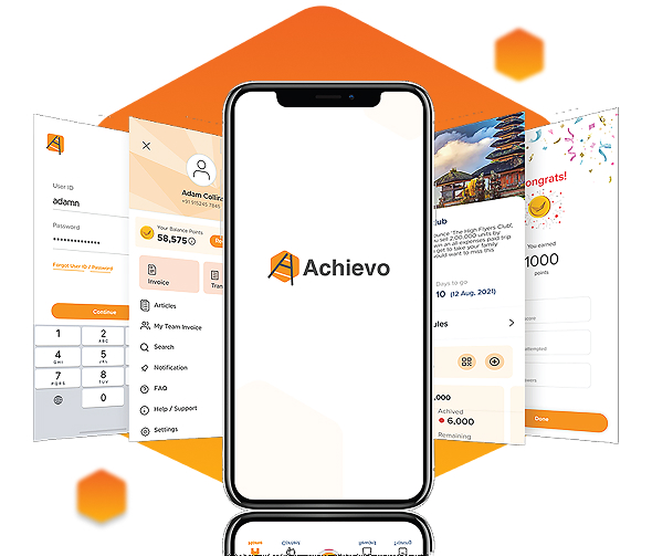 Image of a smartphone displaying the Achievo app. The phone is centered with orange and yellow app screens and icons, including user balance, settings, and notifications, fanned out behind it. The background features a floating hexagonal design.