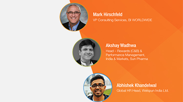 Three circular photos on an orange background show business professionals: Mark Hirschfeld, VP Consulting Services; Akshay Wadhwa, Head of Rewards, Sun Pharma; and Abhishek Khandelwal, Global HR Head, Welspun India Ltd.