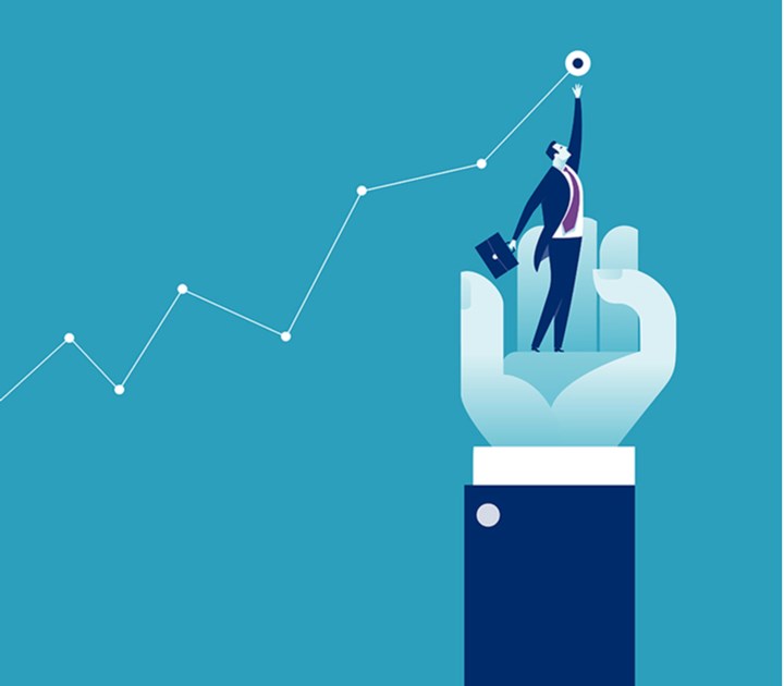Graphic of man being help drawing graph in upward direction