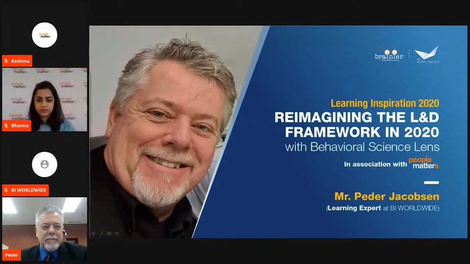 A webinar interface displaying a presentation slide titled Reimagining the L&D Framework in 2020 with Behavioral Science Lens by Peder Jacobsen. Three participant icons are visible on the left, with a live speaker video in the bottom left corner.