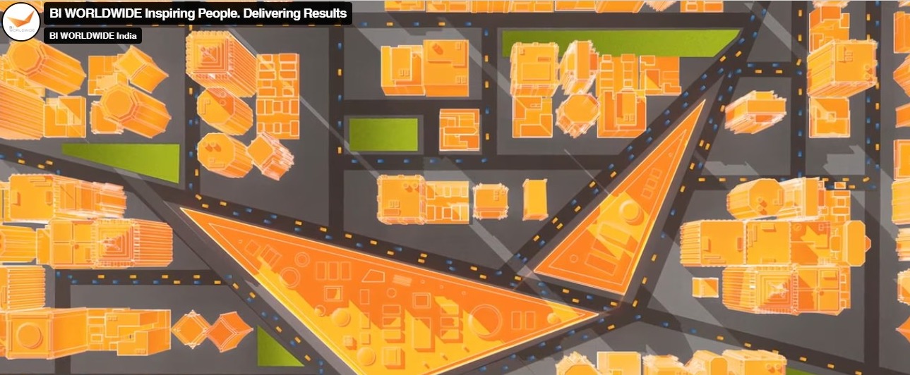Illustration of an overhead urban map with abstract, orange buildings and green spaces. Pathways and streets are marked with lines and arrows, showcasing a vibrant, geometric city layout.