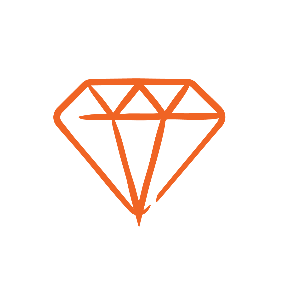 An orange, stylized outline of a diamond shape on a white background. The lines are simple and geometric, forming a clear representation of a faceted gemstone.