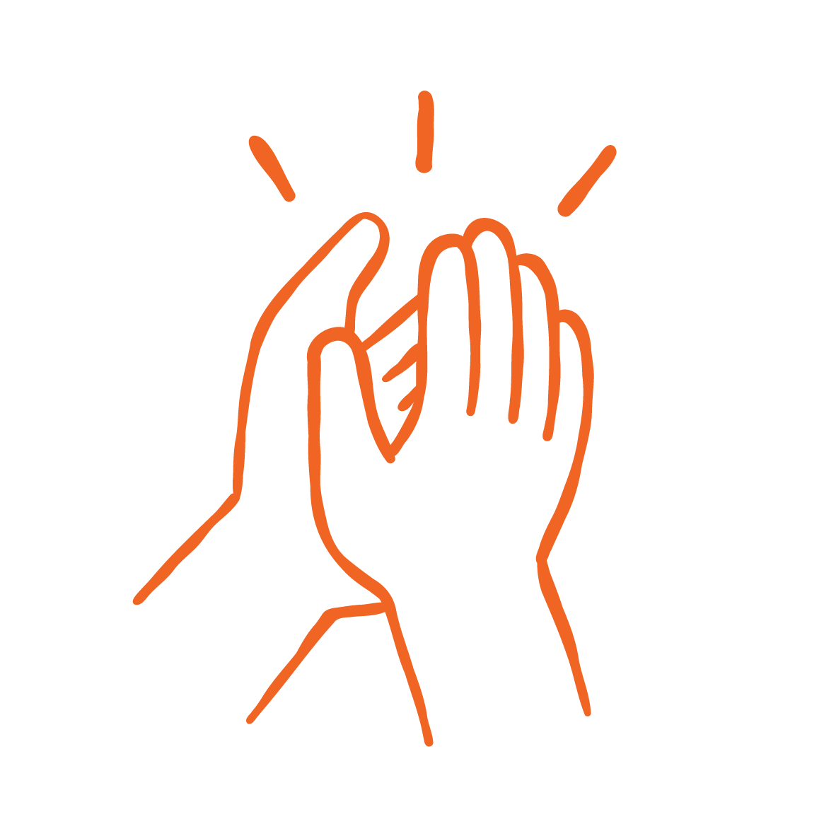 Illustration of two hands clapping with orange lines and motion lines indicating movement. The background is plain white.