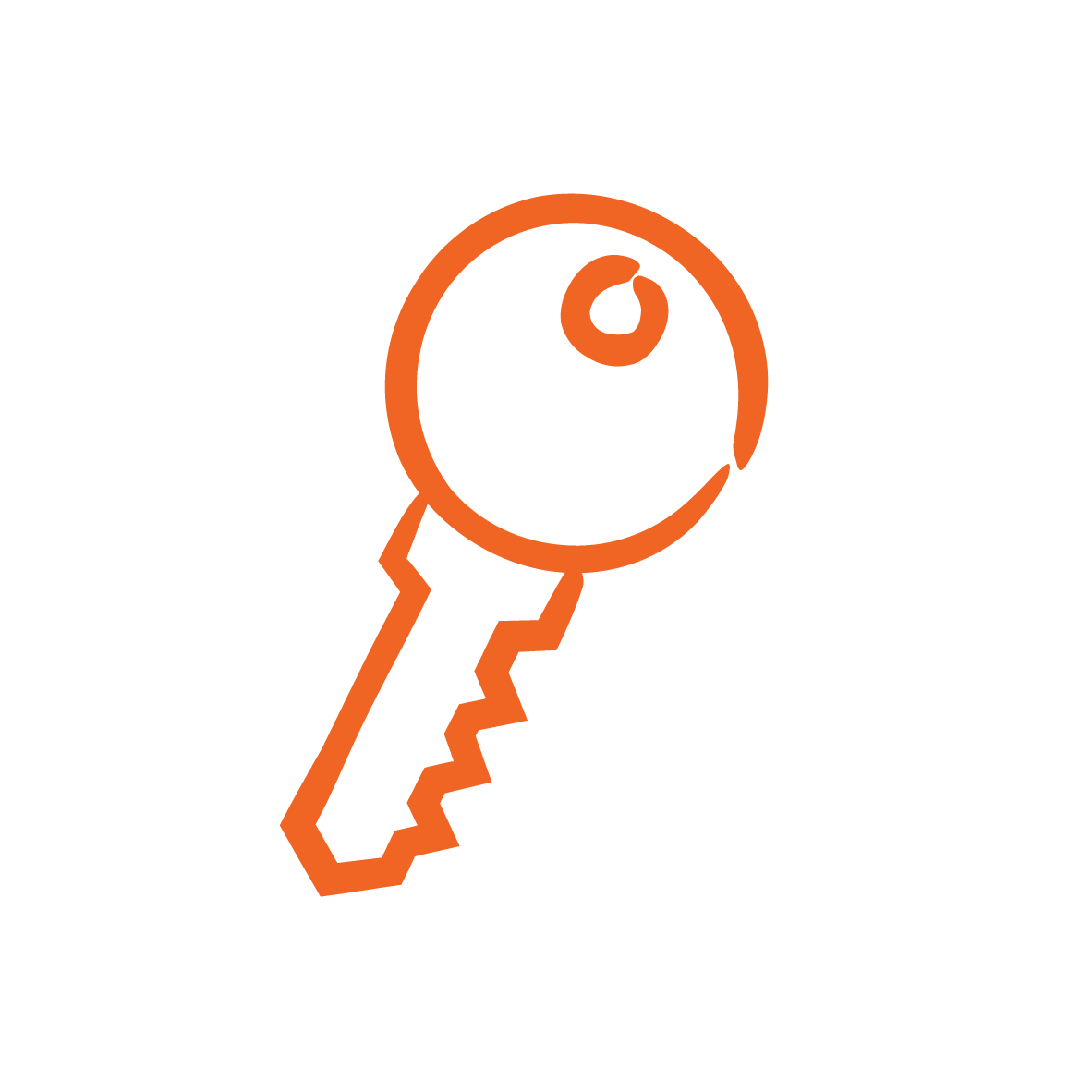 Simple illustration of a key in orange with a circular head and a notched blade, on a white background.