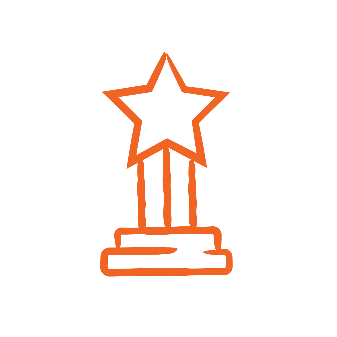 Illustration of an orange trophy with a star on top. The trophy has a simple, hand-drawn style and consists of two stacked, rectangular platforms supporting the five-pointed star. The background is white.