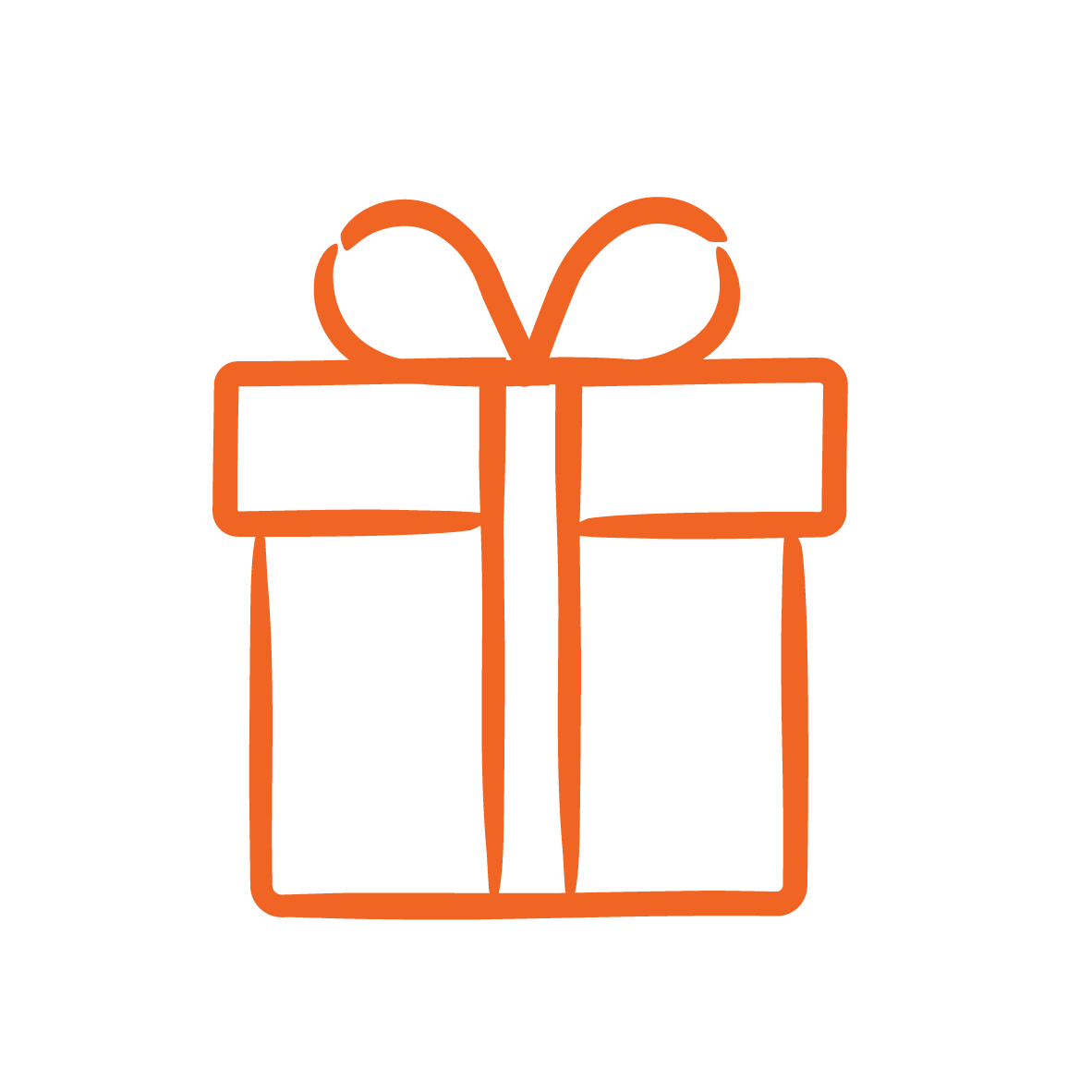 An orange line drawing of a gift box with a neatly tied bow on top. The design is simple and minimalist against a white background.