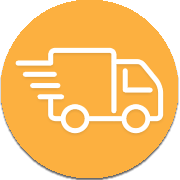 Icon of a delivery truck in white outline on an orange circular background, with lines indicating speed or motion.