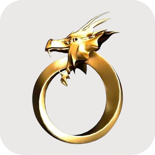 A gold ring featuring a dragon with a detailed head and open mouth, seamlessly forming the band. The dragons neck curves smoothly back into the circular shape, creating an elegant, mythical design against a light gray background.