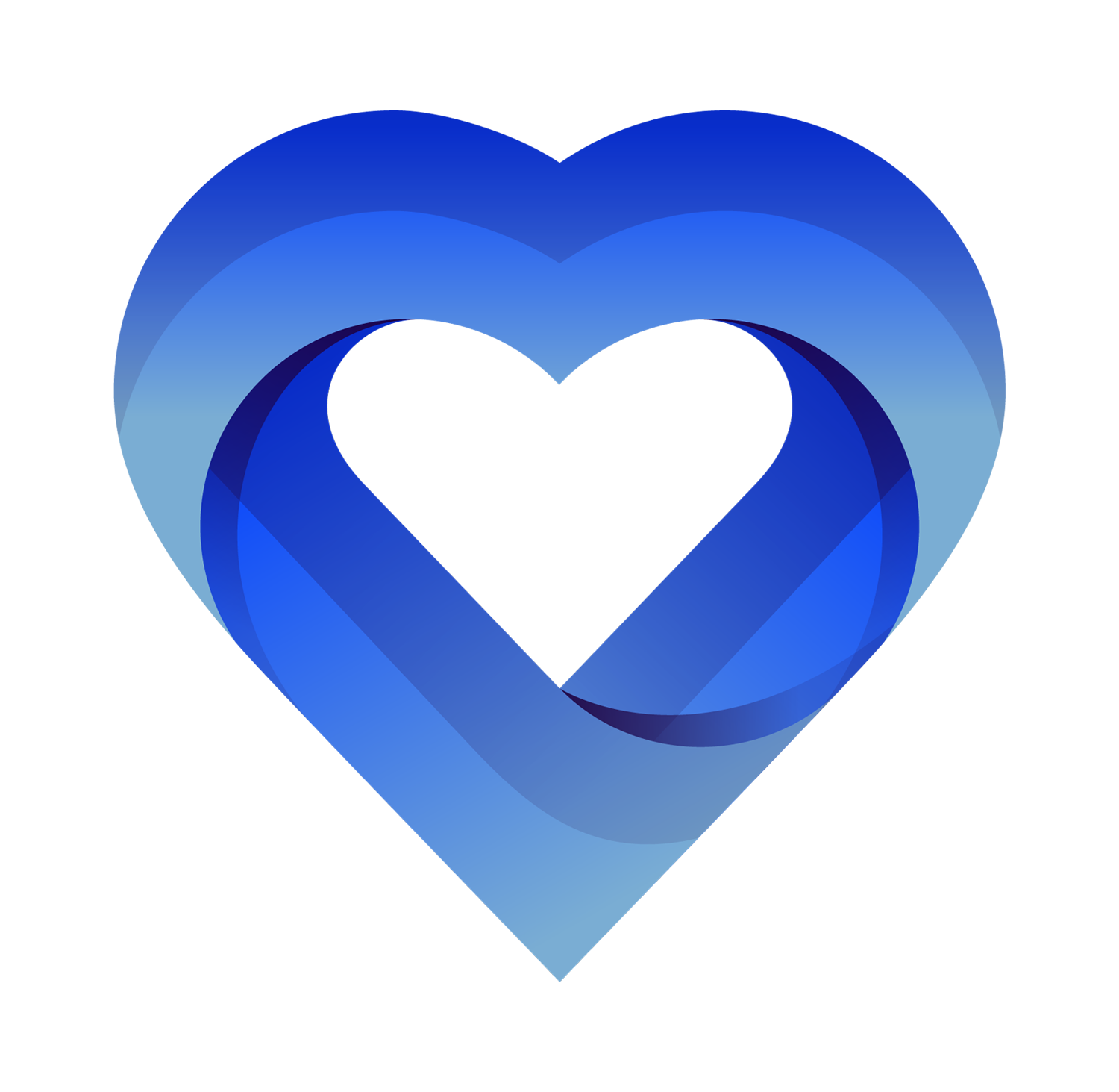 A stylized image of three concentric blue hearts, each decreasing in size, layered one inside the other on a white background. The hearts have a gradient from dark to light blue, creating a three-dimensional effect.