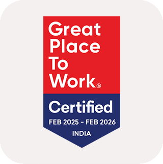 Great Place to Work certified badge for India, displaying the text Great Place to Work Certified FEB 2025 - FEB 2026 in red and blue sections.