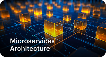 A digital illustration of glowing cube-like structures representing a microservices architecture. The text Microservices Architecture is displayed on the left side, overlaid on a blue circuit pattern.