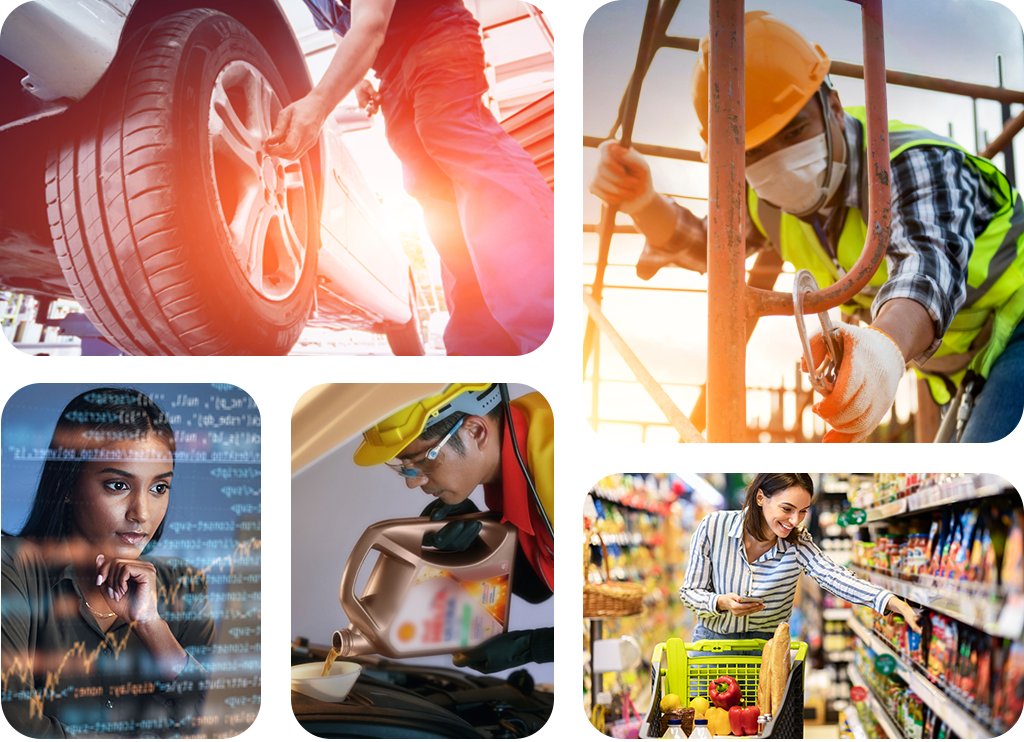 A collage of various occupations: a mechanic changing a tire, a construction worker on scaffolding, a woman coding at a computer, a person pouring oil into an engine, and a woman shopping in a grocery store.