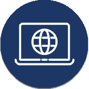 A blue circle with a white outline of a laptop displaying a globe symbol on its screen, indicating global connectivity or internet access.