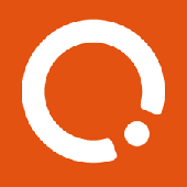 A white circular logo with a small dot on the lower right, set against an orange background.
