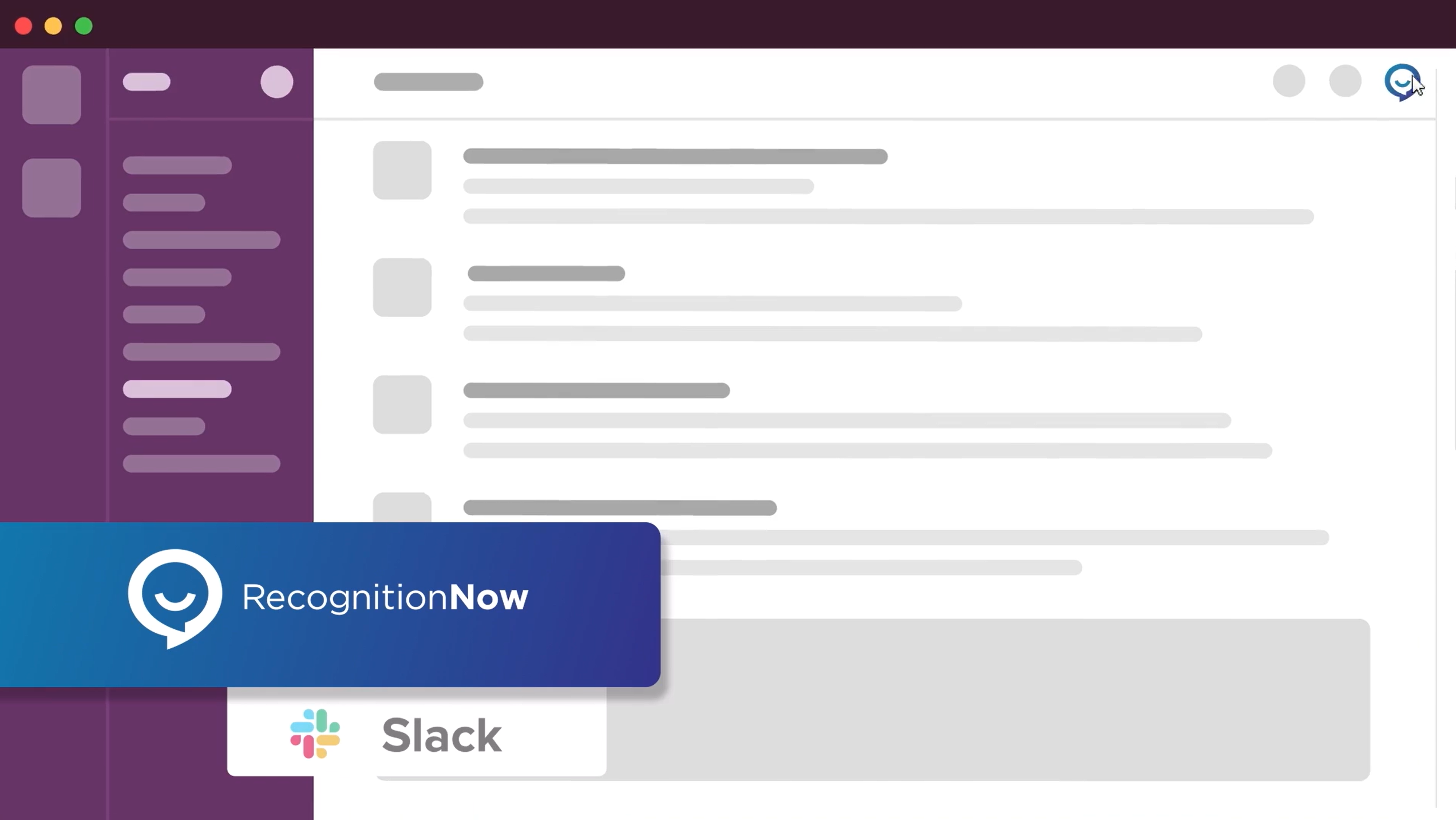 A Slack interface with a pop-up notification from RecognitionNow in blue, overlapping the left side of the screen. The background shows blurred text and message icons within the Slack application.