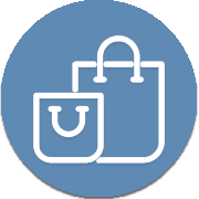 Icon depicting two shopping bags on a blue circular background. The bags are outlined in white, one larger and one smaller. The smaller bag features a smiling face.