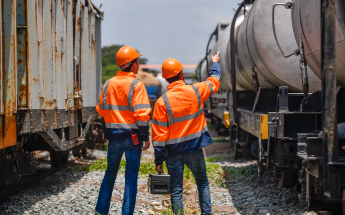 Two workers in orange safety vests and helmets stand between railcars on gravel. One points ahead while holding a walkie-talkie. A tool case rests at their feet under a partly cloudy sky.
