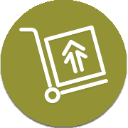 Icon of a dolly with a box on it, featuring an upward arrow, set against an olive green circular background.