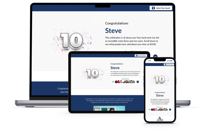 Laptop, tablet, and smartphone display a congratulatory message for Steve on 10 years of service, with festive design elements. Text and images adjust to screen sizes, maintaining readability and layout.